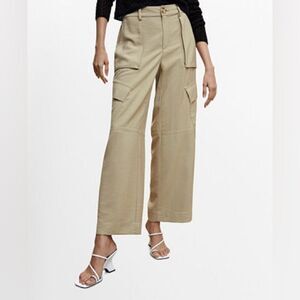 Mango Tan Wide Leg Pants with High Waisted Pocket Cargo Pants size 4 EUC
